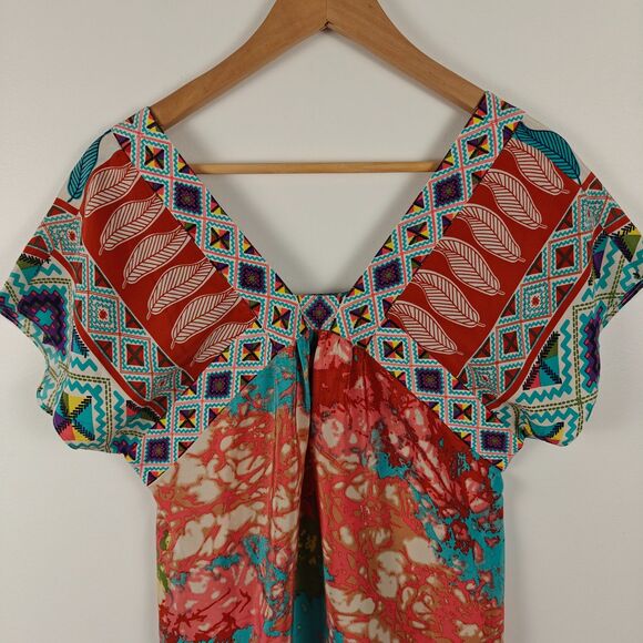 Tibi Eclectic Patterns V-Neck Short Sleeves 100% Silk Blouse Size 4 Boho Artsy - Picture 2 of 8